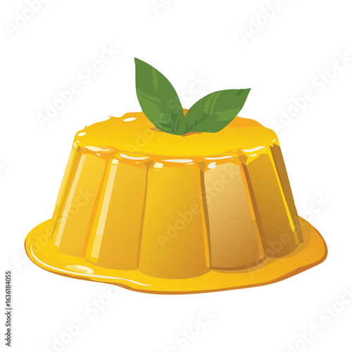 Orange Jelly Pudding with Fresh Mint Leaf - Vector Illustration