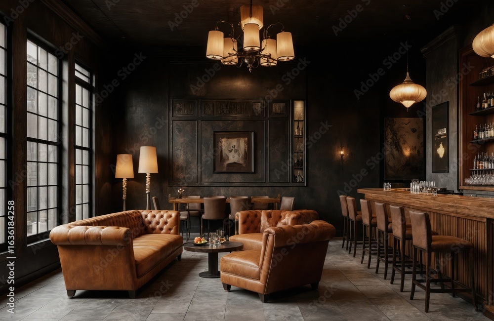 Fototapeta premium Modern lounge bar with cosy intimate ambience. Features stylish leather seating, plush sofas, and sleek bar stools at a wooden counter. Sophisticated urban decor with ambient lighting and shadow play.