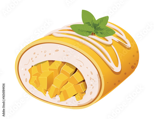 Fresh Mango Crepe Roll with Cream Filling - Vector Illustration
