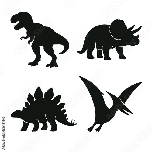Black dinosaur silhouettes set: T-Rex, Triceratops, Stegosaurus, Pterodactyl