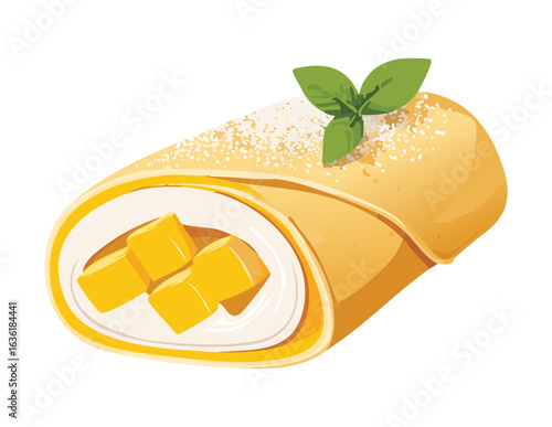 Mango and Cream Rolled Dessert with Mint - Vector Illustration