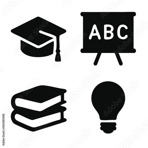 Education and Learning Icons: Graduation Cap, Books, Blackboard, and Lightbulb