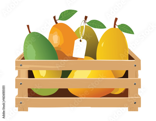 Wooden Crate Full of Fresh Green Mangoes - Vector Illustration