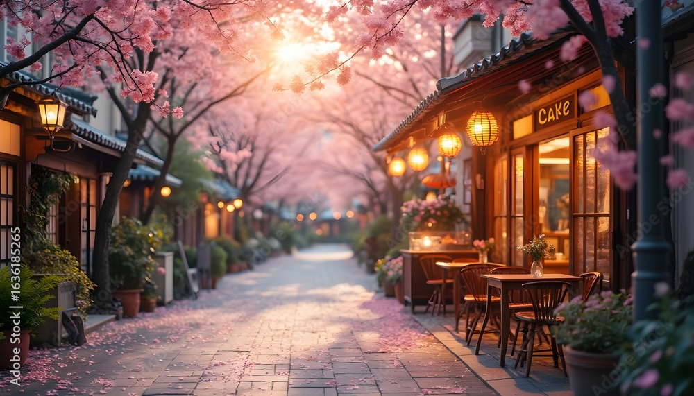 Fototapeta premium : Enchanting Cherry Blossom Lane: A Serene Springtime Evening Stroll