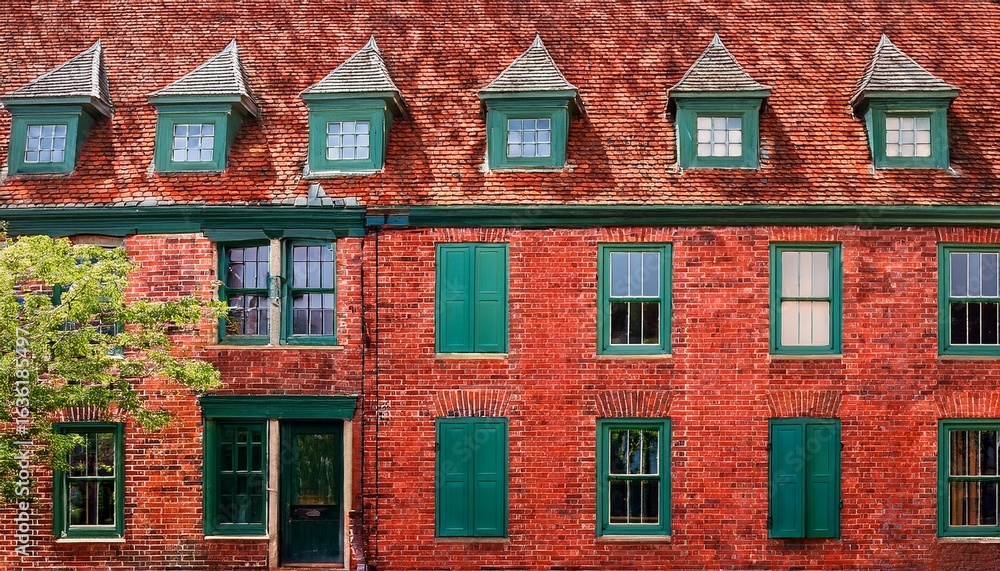 Naklejka premium classic red brick architecture with contrasting green window frames