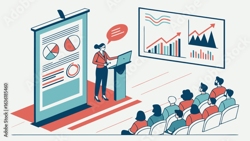 Woman presenting charts and graphs to an audience in a conference room with laptop and display boards
