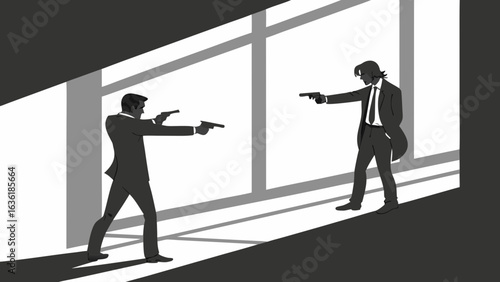 Two men in suits facing each other and pointing guns in a standoff in a room with large windows