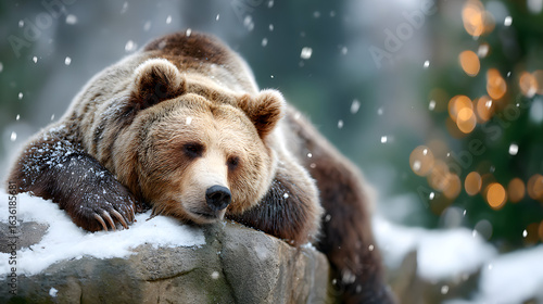 Serene Winter Scene of Brown Bear Resting on Snowy Rock. Ai Generated Images