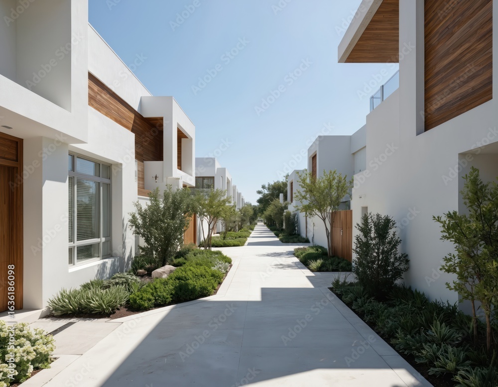 Modern white homes with wood accents line clean pathway in sunny gated community. Rich landscaping with various plants, shrubs complements minimalist, elegant architecture. Exclusive suburban Modern white homes with wood accents line clean pathway in sunny gated community. Rich landscaping with various plants, shrubs complements minimalist, elegant architecture. Exclusive suburban