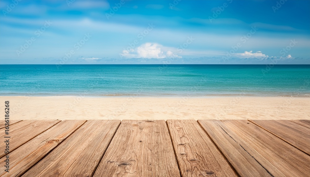 Fototapeta premium wooden floor or plank on sand beach in summer calm sea and blue sky background