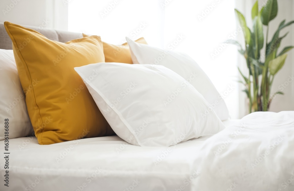 Obraz premium Bright bed with white, mustard pillows in sunlight. Clean white bedsheets, duvet, blanket. Hotel room interior. Bedchamber with soft cushions. Modern home decor. Comfort, relaxation concept. Sleep