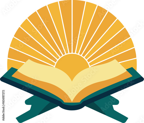 Open quran on stand with sunburst
