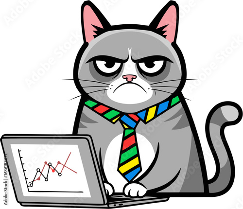 Humorous illustration of a grumpy business cat manager in a tie working on a laptop with a financial growth chart