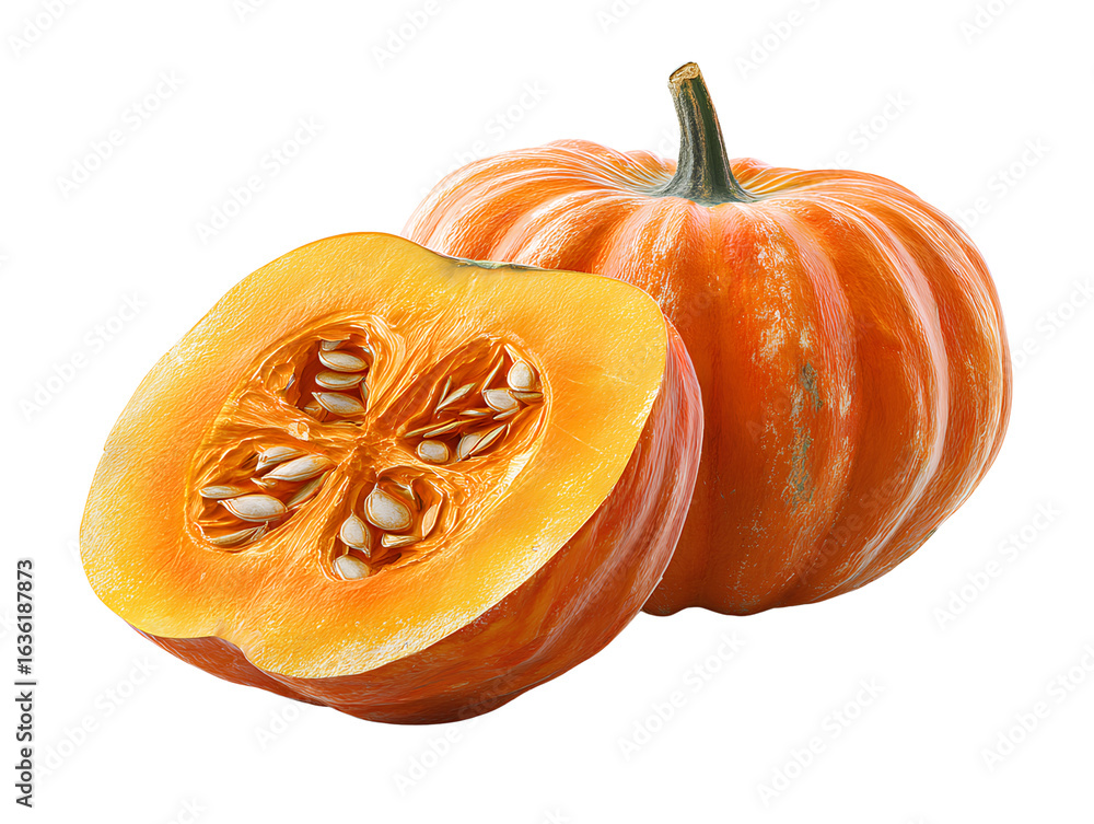 Obraz premium Side View of Cut Open Pumpkin Showing Juicy Flesh and Seeds, Clean Composition, Isolated on Transparent Background