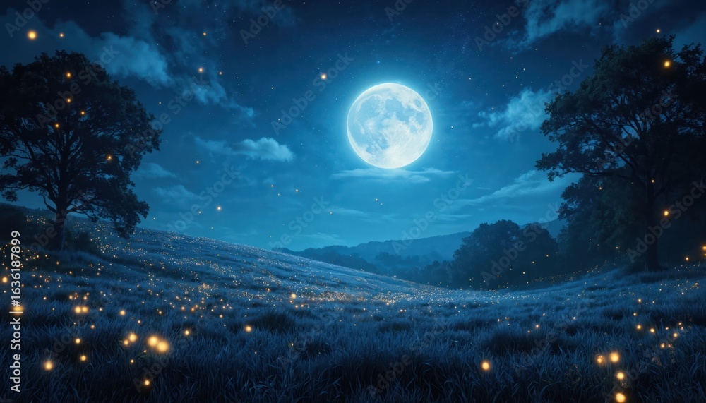 Fototapeta premium Night scene with full moon and fireflies in field. Stars shine in dark blue sky with clouds. Magical enchanting landscape with soft light, romantic and fantasy feel. Silent and tranquil nature.