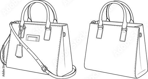 Elegant handbag CAD drawing, vector illustration, fashion accessory design, technical sketch, designer bag blueprint, fashion CAD, handbag vector art