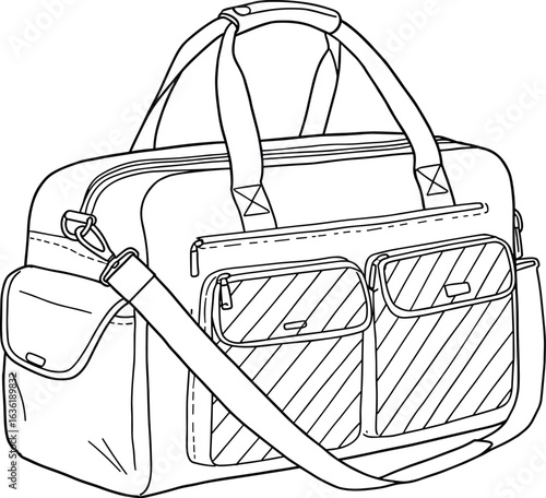 Stylish travel bag, detailed line art, versatile carry-on, practical design, spacious compartments, adjustable strap, durable material, modern look, organized storage, essential accessory, 