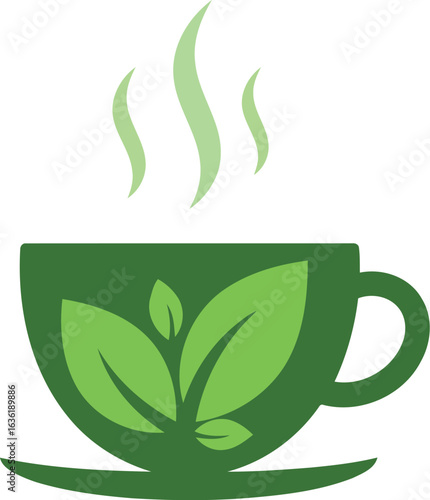 Green tea cup logo with leaves and steam