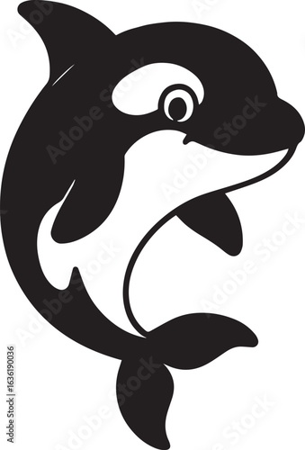 Smiling Killer Whale Silhouette: A sleek, captivating killer whale silhouette gracefully poised, with a friendly smile. This illustration is a stunning symbol of the marine world's majesty.