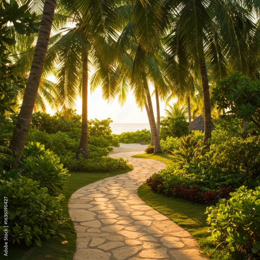 Fototapeta premium Sunlit Path Through Tropical Garden to Beach at Sunset