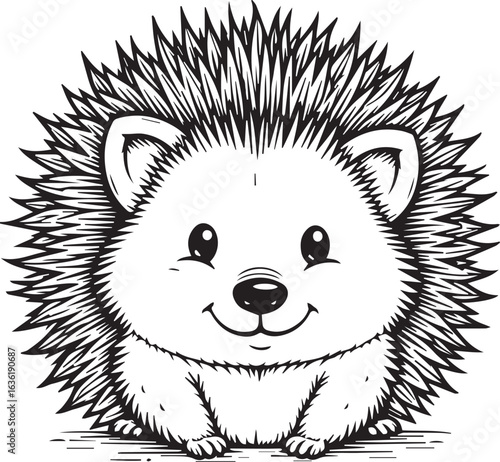 Cute Cartoon Hedgehog: A charming, adorable cartoon hedgehog illustration, smiling with glee, showcasing its endearing quills and innocent expression.