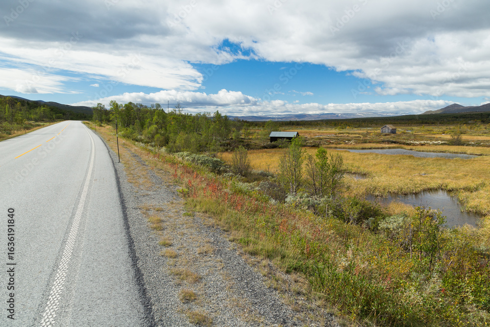 Fototapeta premium Straight road through the Dovrefjell nationalpark in Norway