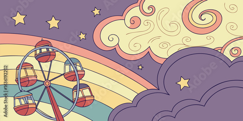 Ferris wheel under rainbow and starry sky carnival ride