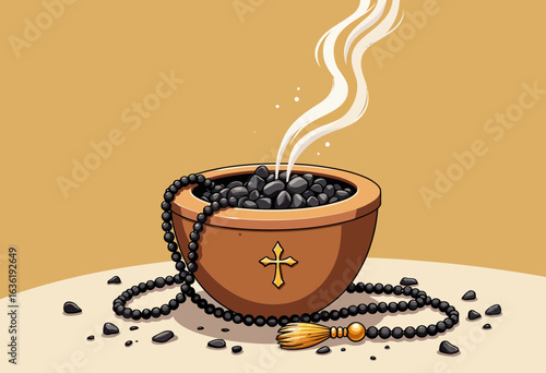 Wooden bowl with incense and prayer beads on beige background  