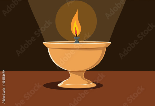 Traditional oil lamp with flickering flame on dark background  