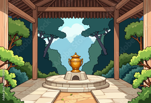 Serene outdoor pavilion with golden urn surrounded by lush trees  