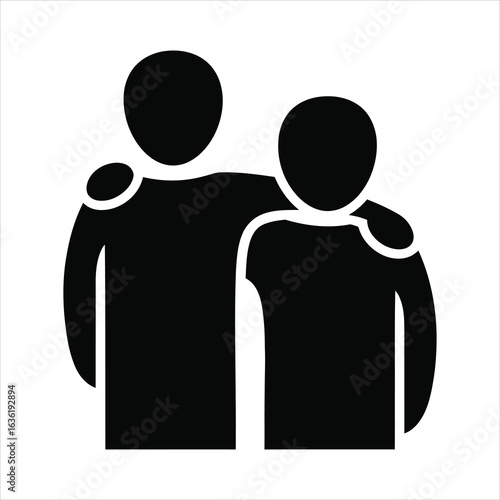 Two black figures with arms around each other on white background friendship support