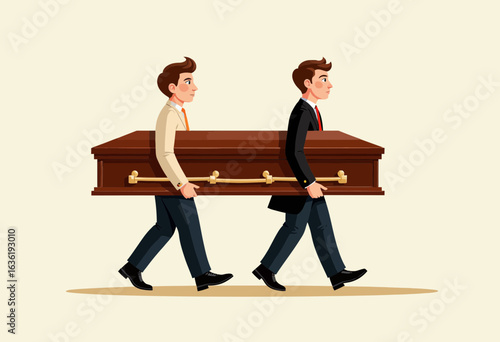 Two men carrying a wooden coffin in a solemn manner  