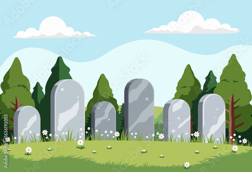 Grassy cemetery with gravestones and trees under blue sky  