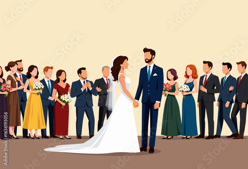 Cartoon couple getting married with wedding guests in background  