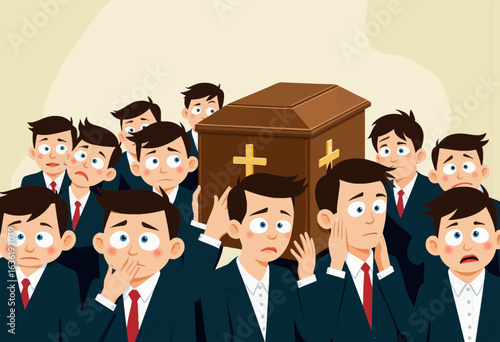 Group of men in suits mourning at a funeral with a coffin  