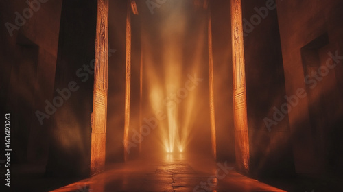 Ancient temple corridor bathed in golden light.