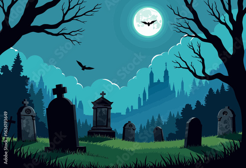 Graveyard at night with tombstones and full moon in the background  