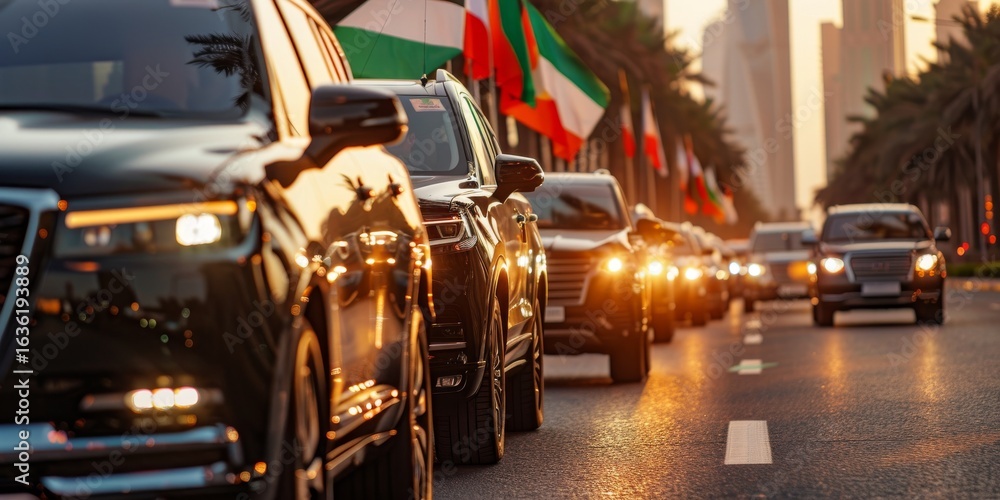 Fototapeta premium Black cars parked on road with flags during summit in united arab emirates