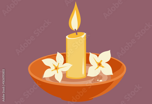 Candle with flowers on decorative bowl in warm tones  