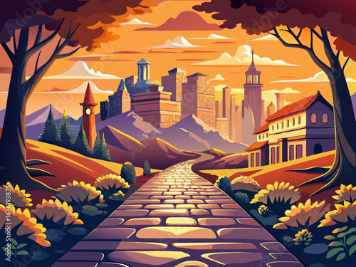 vector of The beautiful path with its cobblestones leads to America and showcases the beauty of the buildings and the sunset.