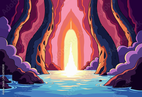 Colorful cave with glowing light reflecting on water surface  