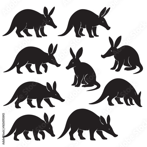 Aardvark Animal Silhouettes in Various Poses Design for Conservation and Wildlife Awareness Promotion for African Mammal Illustration Projects