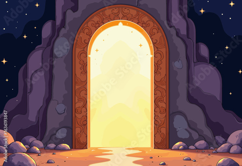 Enchanted doorway illuminated by golden light in rocky landscape  