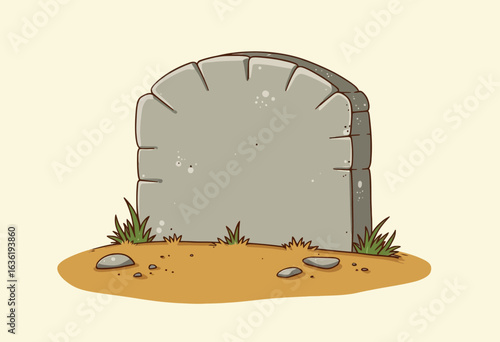 Plain gravestone on sandy ground surrounded by grass and rocks  