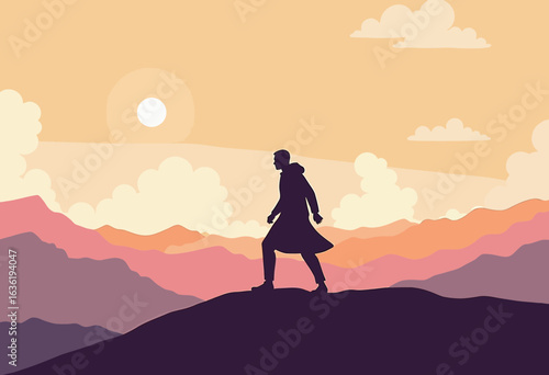 Silhouette of a man walking on mountain ridge during sunset  