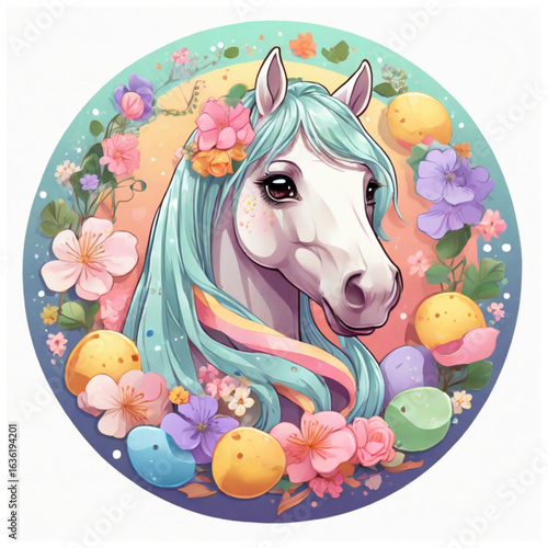 Vector illustration of a horse in spring flowers. Sticker, kawaii style postcard. Year of the Horse 2026