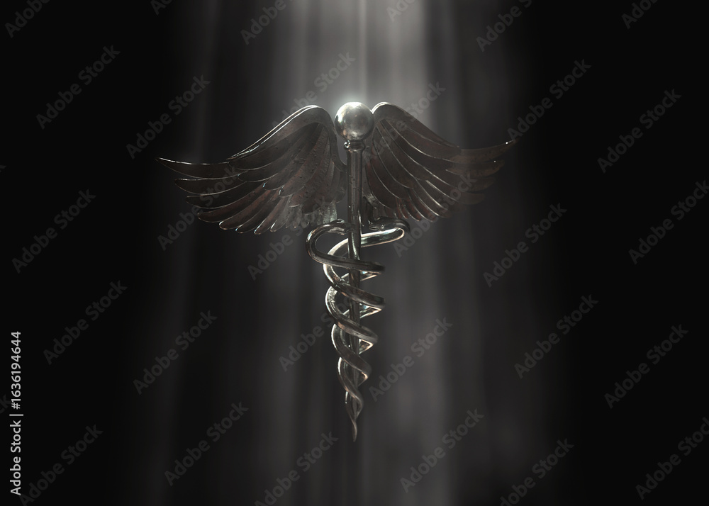 Naklejka premium 3D Caduceus Medical Symbol Render with Bright Spotlight