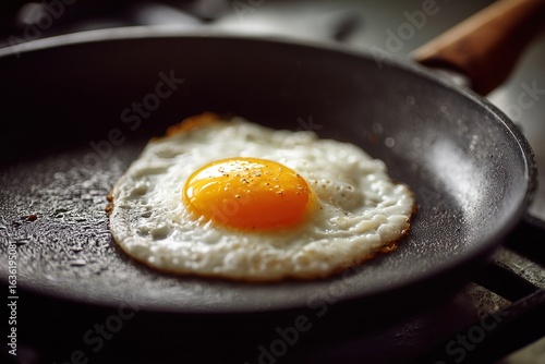 A sunny side up egg in a frying pan, showcasing a golden yolk surrounded by a crispy white, highlighting a delicious breakfast.