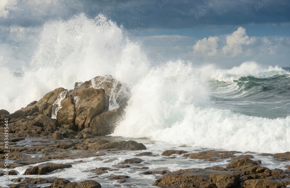 Ocean waves crashing on rocky shore. Sea storm swell hits coastal rocks, creates splash spray and foam. Power of wind and surf against coastal nature environment. Ocean waves crashing on rocky shore. Sea storm swell hits coastal rocks, creates splash spray and foam. Power of wind and surf against coastal nature environment.