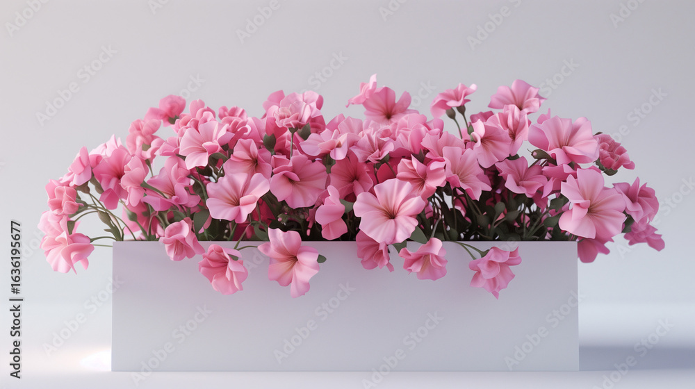 Fototapeta premium Pink flower arrangement. A white box filled with many pink flowers, ideal for decorative or celebratory uses AI generated
